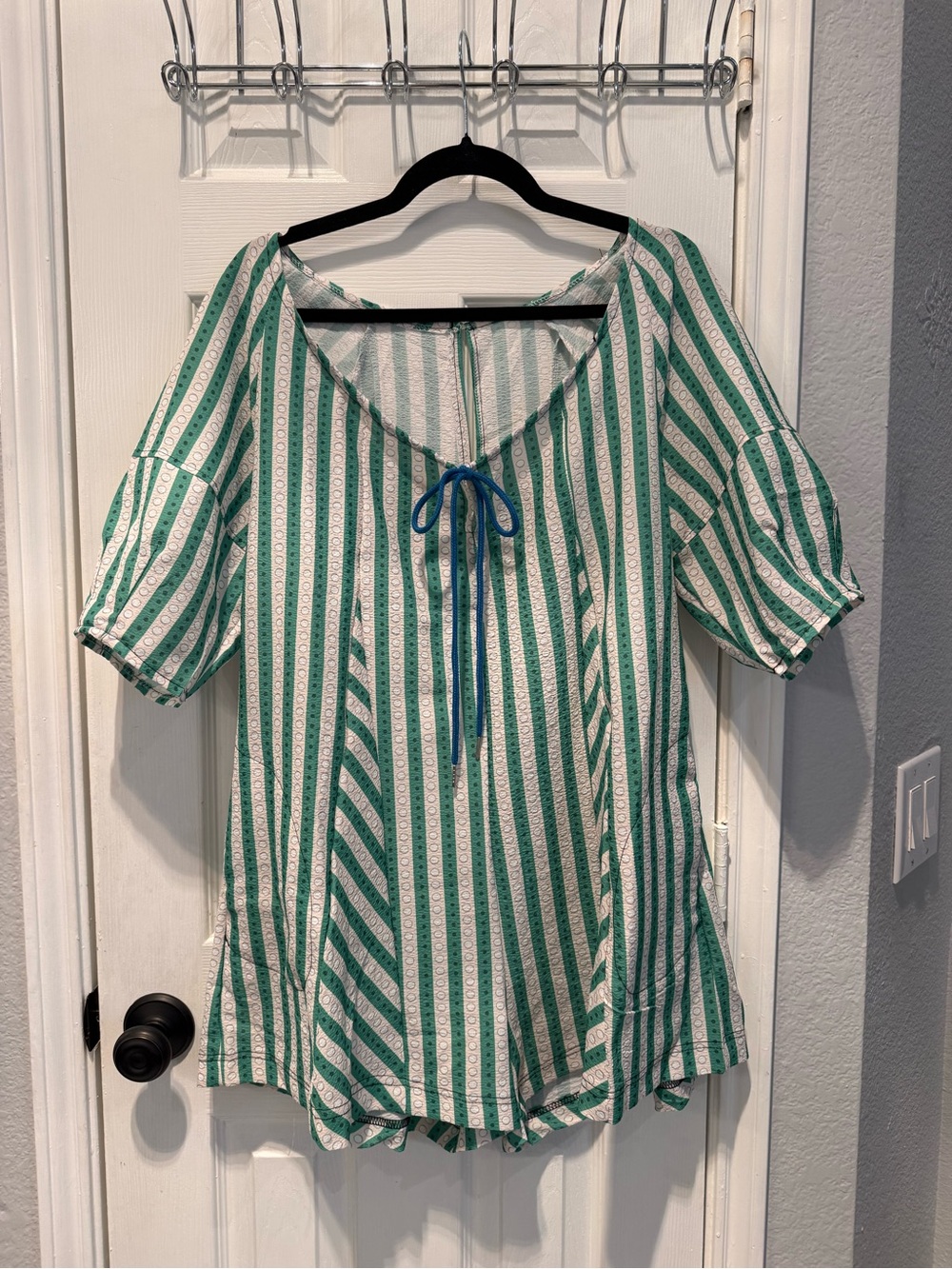 💚💙 Women’s Green & White Striped Romper Dress | Oversized Boho Pocket Medium - Picture 2 of 5